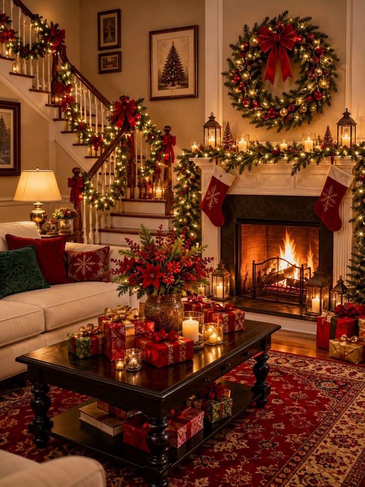 A softly lit living room on Christmas Eve, with stockings hung by a burning fireplace and wrapped presents on the table