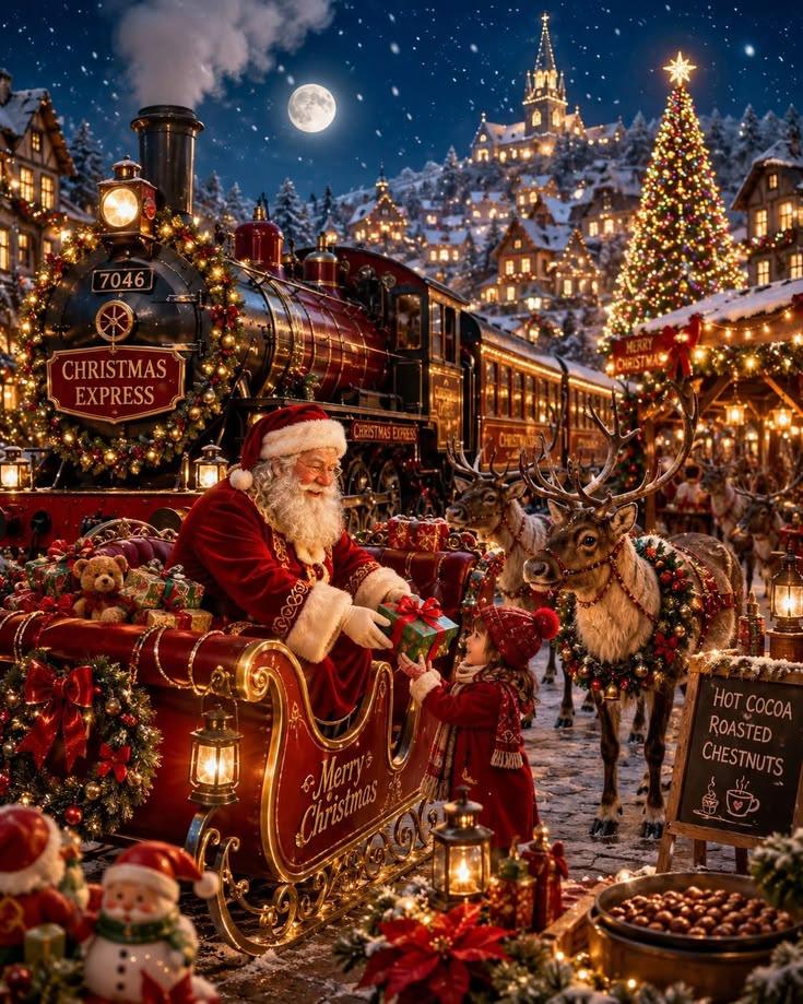 Santa Claus in his sleigh beside the Christmas Express, handing a wrapped gift to a small child while reindeer look on
